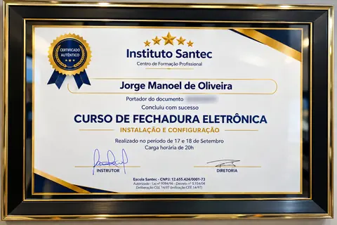 Certificado emoldurado de curso de fechadura eletrônica do Jorge