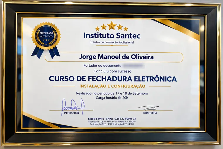 Certificado do Curso de Fechadura Eletrônica, Instalação e Configuração, do Instituto Santec, em nome de Jorge Manoel de Oliveira