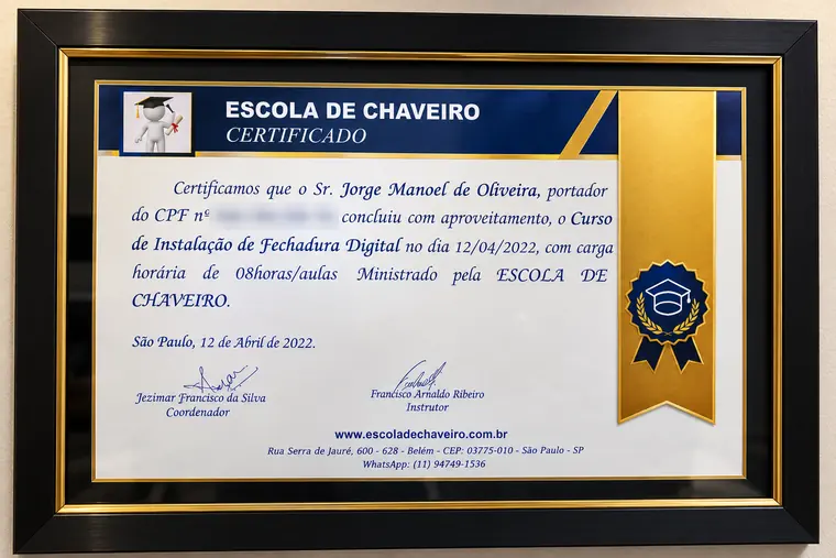 Certificado do Curso de Instalação de Fechadura Digital da Escola de Chaveiro em nome de Jorge Manoel de Oliveira, abril de 2022