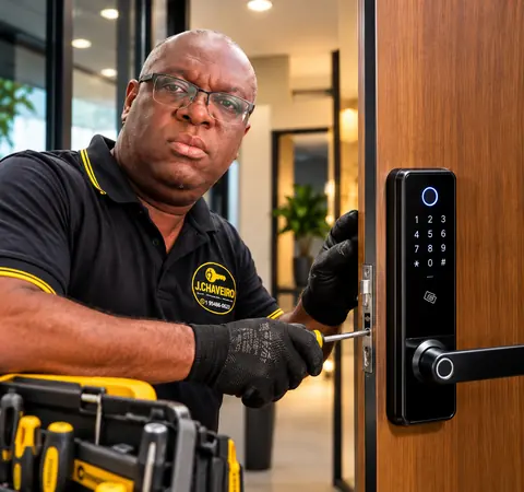 Jorge instalando fechadura digital com biometria e senha em porta de madeira