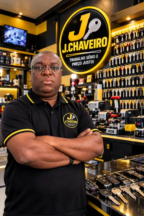 Jorge na loja J.Chaveiro com parede de chaves virgens e máquinas de copiar chaves