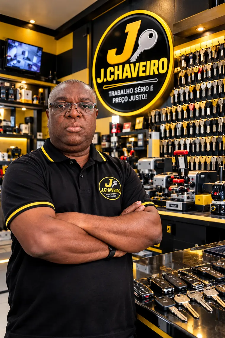 Jorge Manoel de Oliveira, chaveiro do J.Chaveiro, de braços cruzados na loja com parede de chaves e máquinas de copiar chaves
